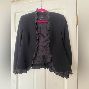 Escada Elegant Navy Blazer with Polka Dot Trim and Silk Polka dot skirt. Size 36